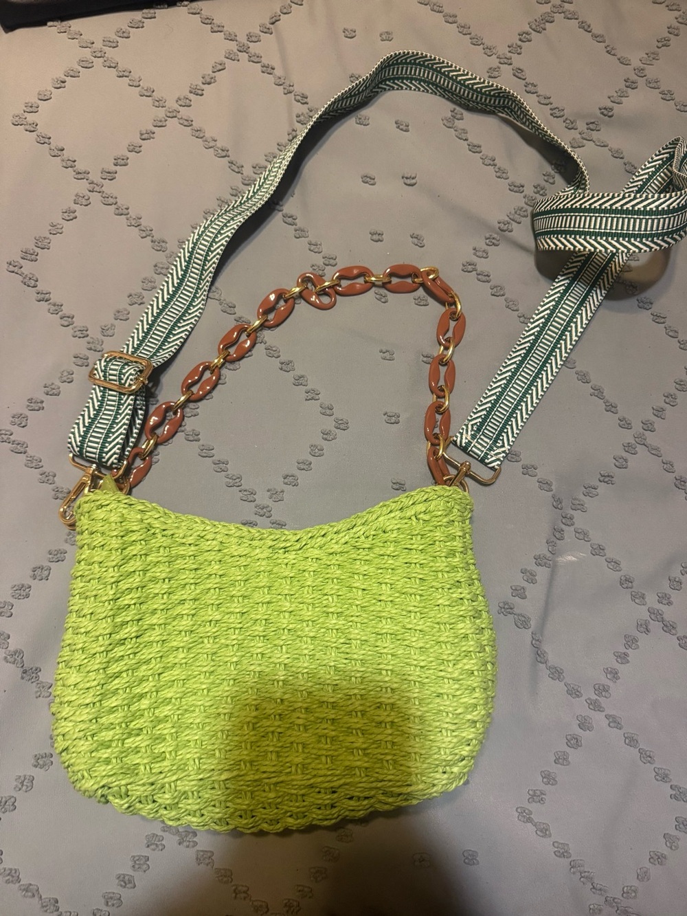 Woven Lime Crossbody Bag with Contrast Strap